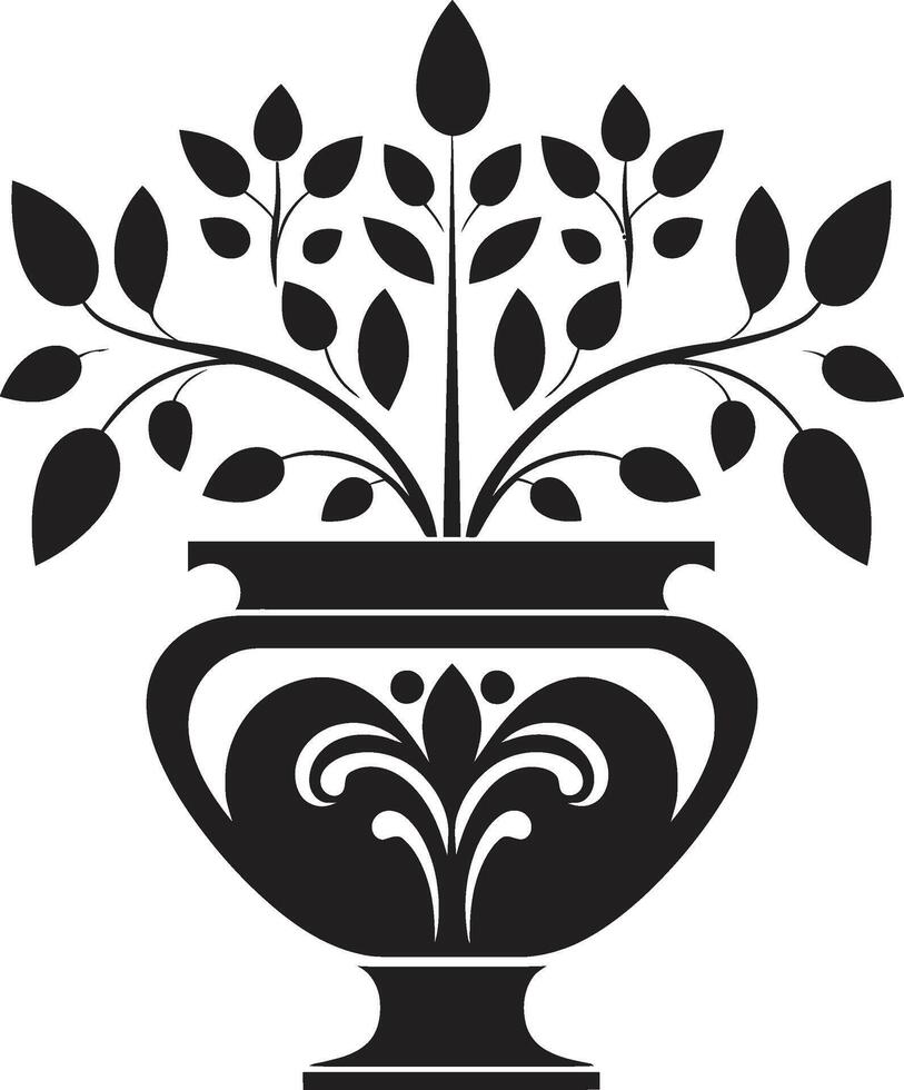 Petal Potpourri Sleek Black Icon Featuring Decorative Plant Pot Green Harmony Monochrome Emblem with Chic Plant Pot Design vector