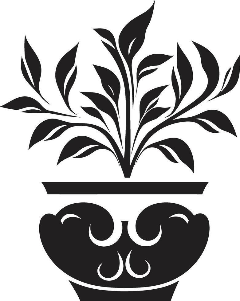 Petals in Pottery Monochrome Plant Pot Logo with Stylish Elegance Organic Oasis Chic Black Vector Icon with Decorative Plant Pot
