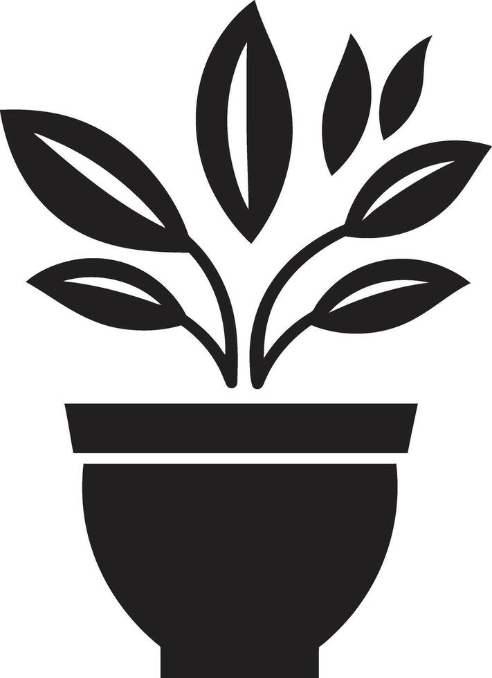 Petal Panorama Chic Black Vector Icon with Decorative Plant Pot Organic Opulence Sleek Black Logo with Stylish Plant Pot