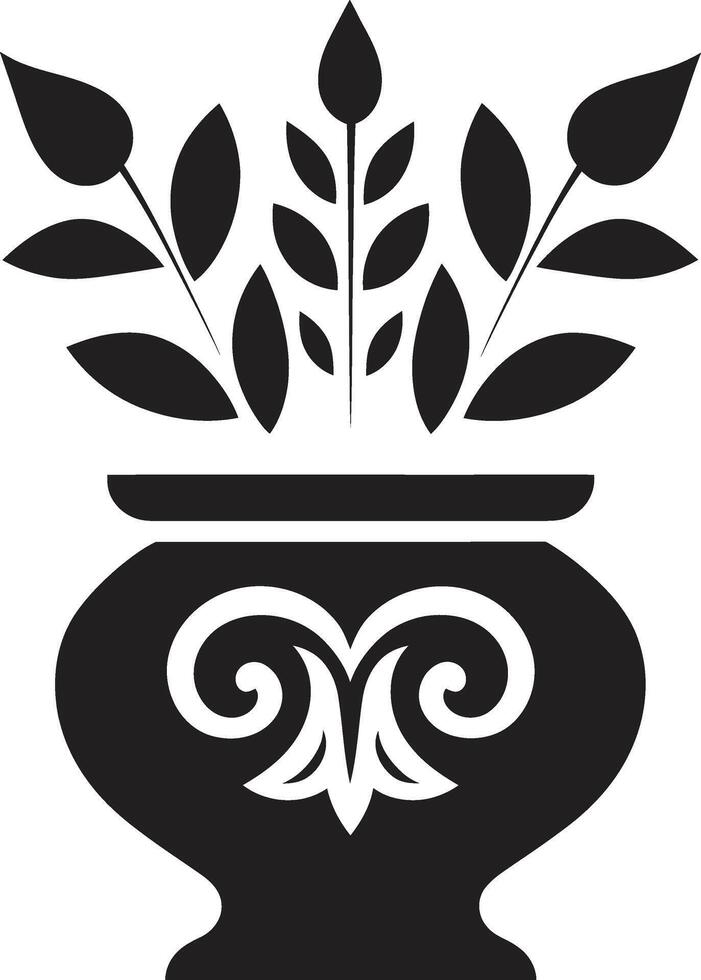 Floral Finesse Sleek Logo Design with Decorative Plant Pot in Black Potted Prestige Monochrome Plant Pot Logo with Stylish Elegance vector