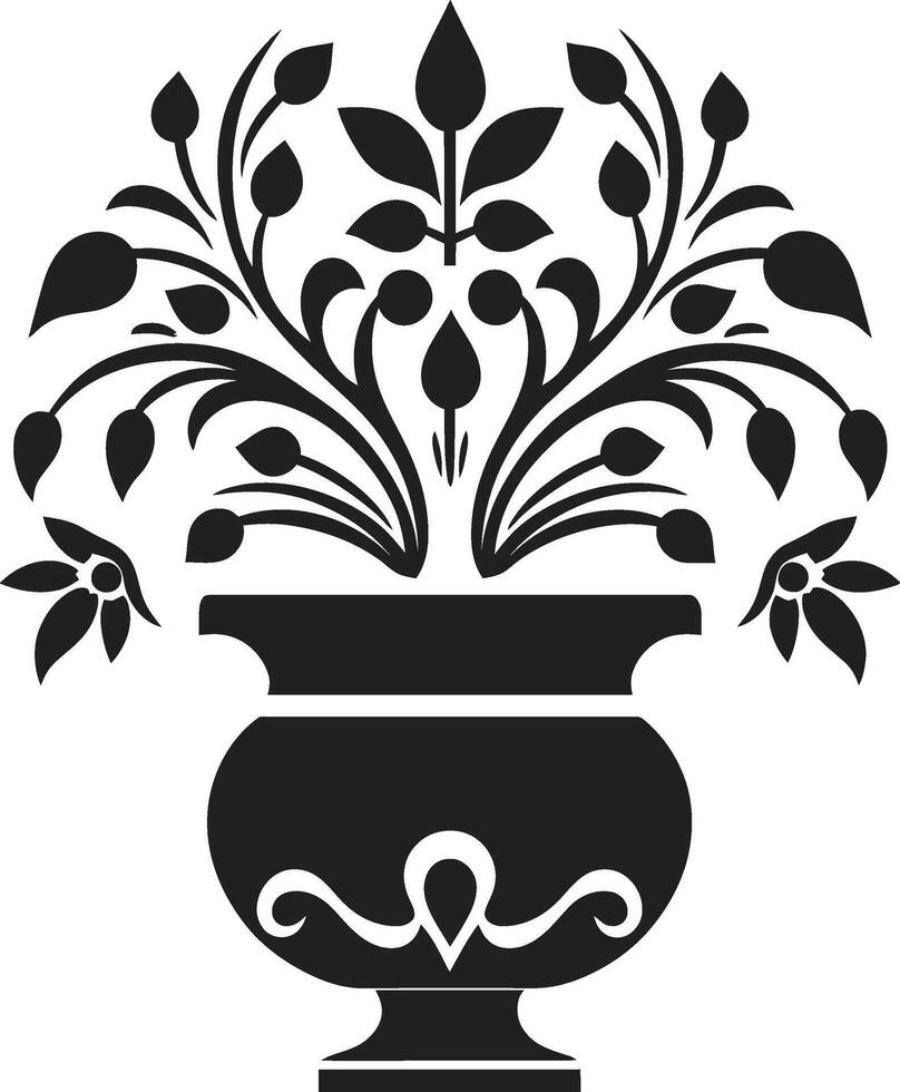 Nurtured Noir Chic Black Vector Icon with Stylish Plant Pot Blossom Balance Sleek Black Logo Featuring Decorative Plant Pot
