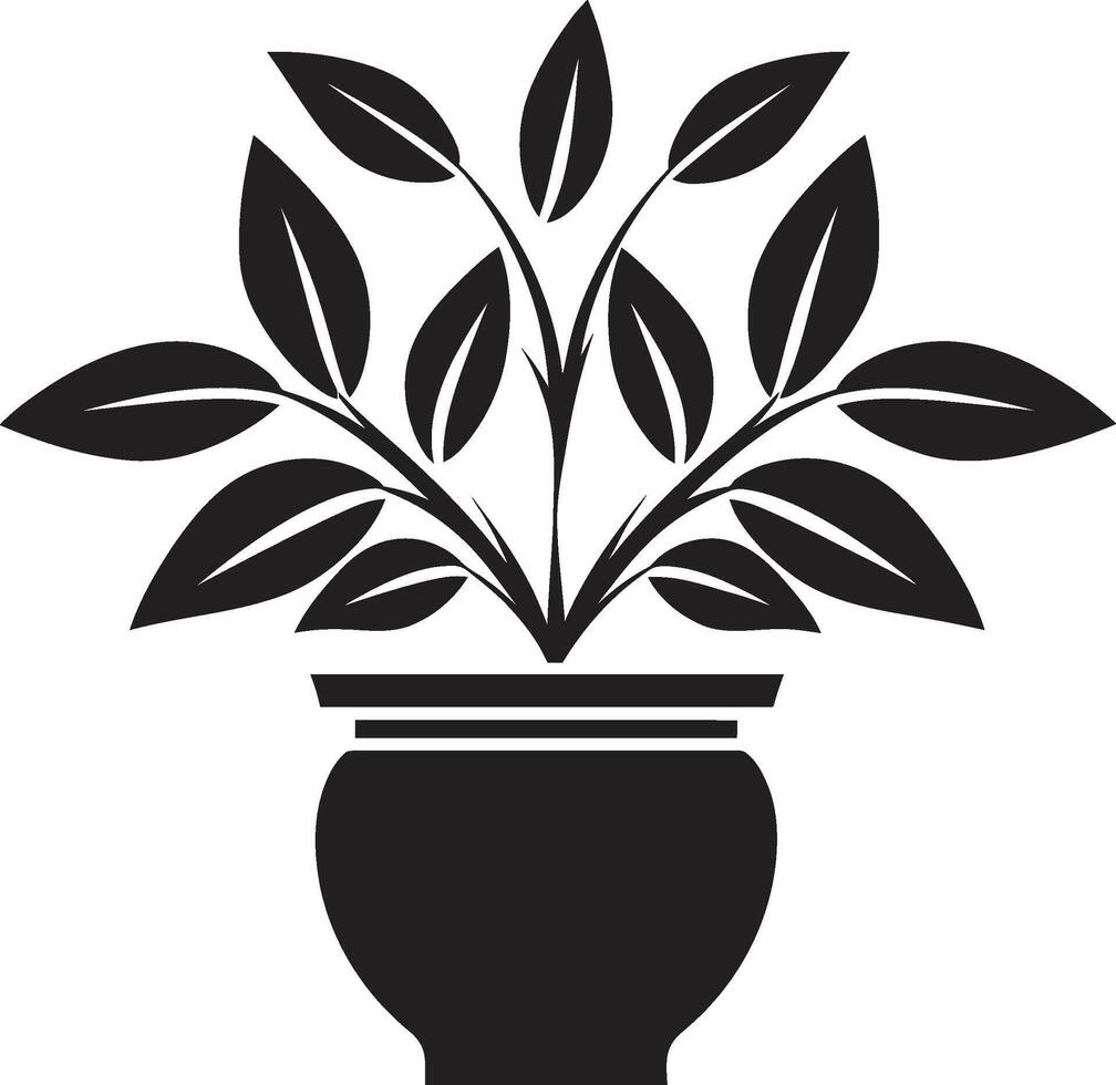 Petal Potpourri Sleek Black Logo Highlighting Decorative Plant Pot Green Harmony Elegant Plant Pot Logo in Monochrome vector