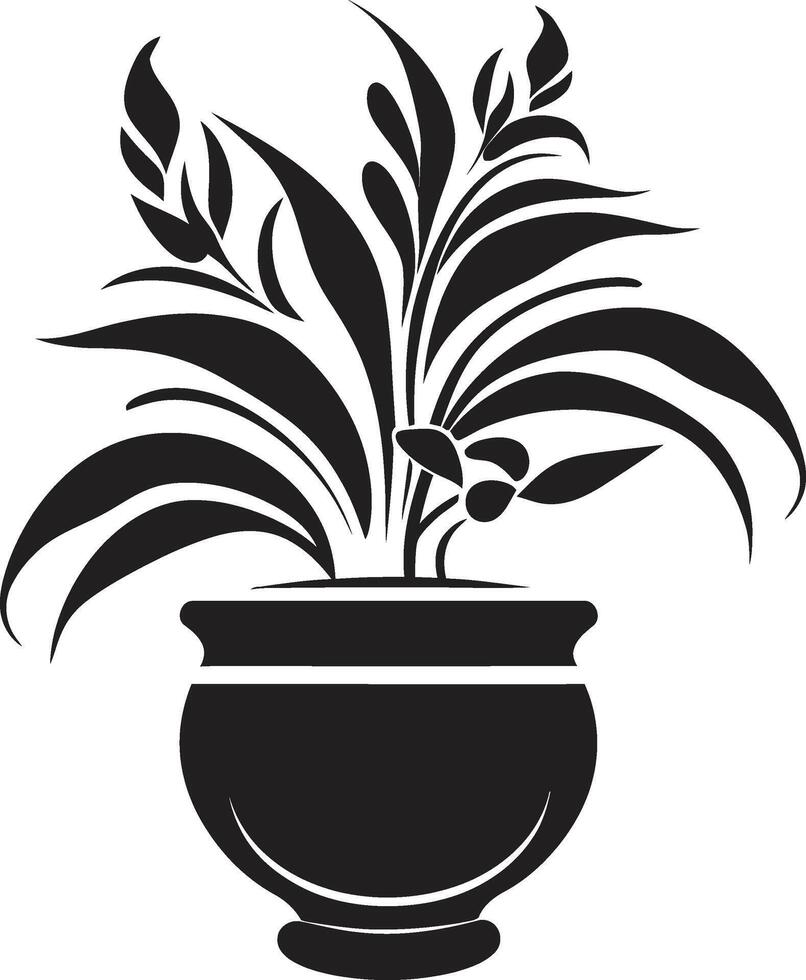 Floral Finesse Monochrome Plant Pot Logo Highlighting Decorative Elegance Potted Prestige Chic Black Icon with Stylish Decorative Plant Pot vector