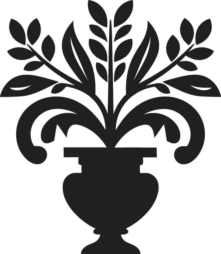 Petal Panorama Sleek Logo Design with Decorative Plant Pot in Black Organic Opulence Monochrome Plant Pot Logo with Stylish Design vector