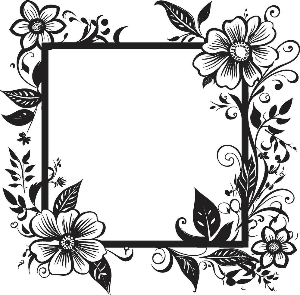 Curves and Charms Stylish Vector Logo Highlighting Doodle Decorative Frame Artistic Adornments Sleek Black Logo Design with Decorative Frame Elements