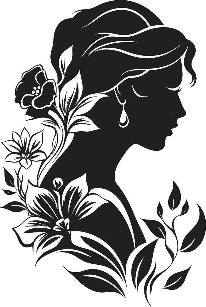 Blossoming Charm Vector Symbol of a Black Floral Woman Face Enchanting Elegance Black Logo Design Highlighting Womans Face in Florals