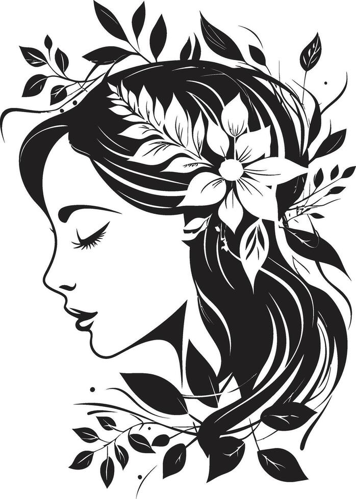 Blossoming Grace Black Logo Design with a Feminine Floral Face Icon Enchanting Petals Vector Black Logo Highlighting Womans Face in Florals