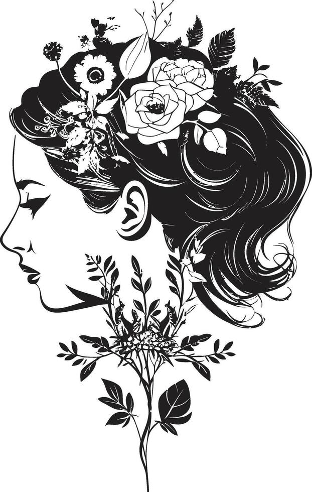 Whispering Petals Black Logo Design with a Feminine Floral Face Icon Ethereal Blossoms Vector Symbol of a Womans Face in Black