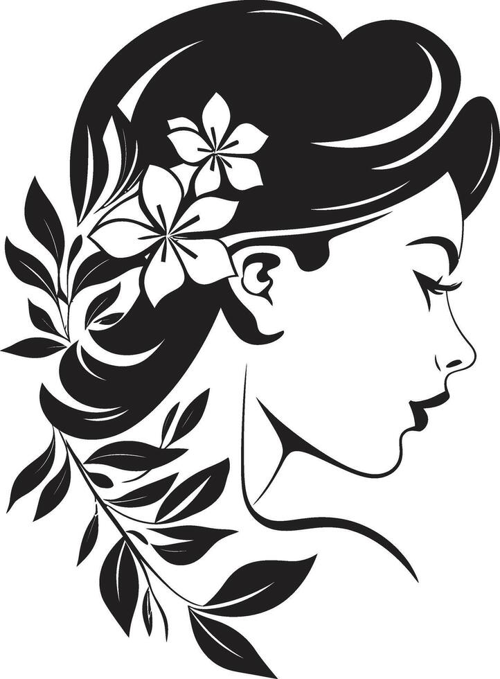 Ethereal Essence Vector Black Logo Capturing Womans Face with Florals Blossom Elegance Black Logo Design Featuring a Floral Woman Face