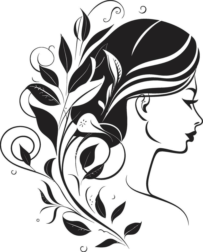 Whispering Petals Black Logo Design with a Feminine Floral Face Icon Ethereal Blossoms Vector Symbol of a Womans Face in Black