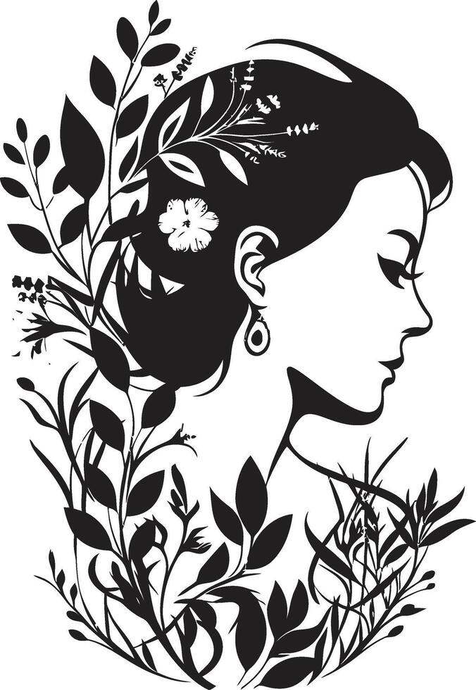 Floral Harmony Black Logo Design Embracing Womans Face with Elegance Ethereal Essence Vector Black Logo Capturing Womans Face with Florals