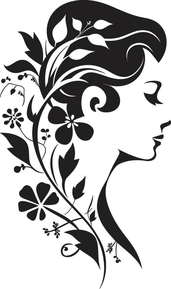 Infinite Petals Black Logo Design with a Vector Floral Woman Face Fleur Femme Stylish Black Icon of a Womans Face with Florals