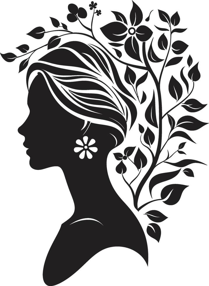 Petals of Poise Black Logo Design Featuring a Womans Face in Florals Blossoming Charm Vector Symbol of a Black Floral Woman Face