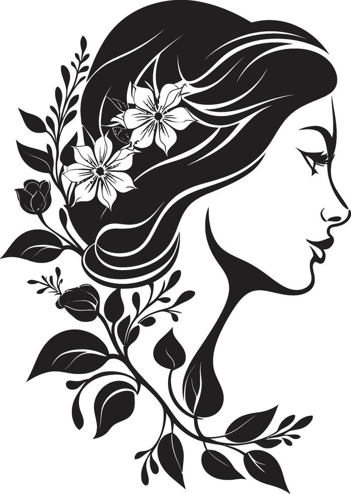 Radiant Rose A Vector Black Logo Showcasing Floral Woman Face Blossoming Grace Black Logo Design Featuring a Feminine Floral Face