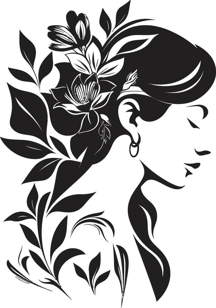 Fleur Femme Stylish Black Icon of a Womans Face with Florals Floral Serenity A Vector Black Logo Embracing Womanhood