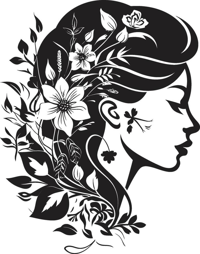 Graceful Gardenia Vector Black Logo with a Floral Woman Face Icon Petals of Poise Black Logo Design Featuring a Womans Face in Florals