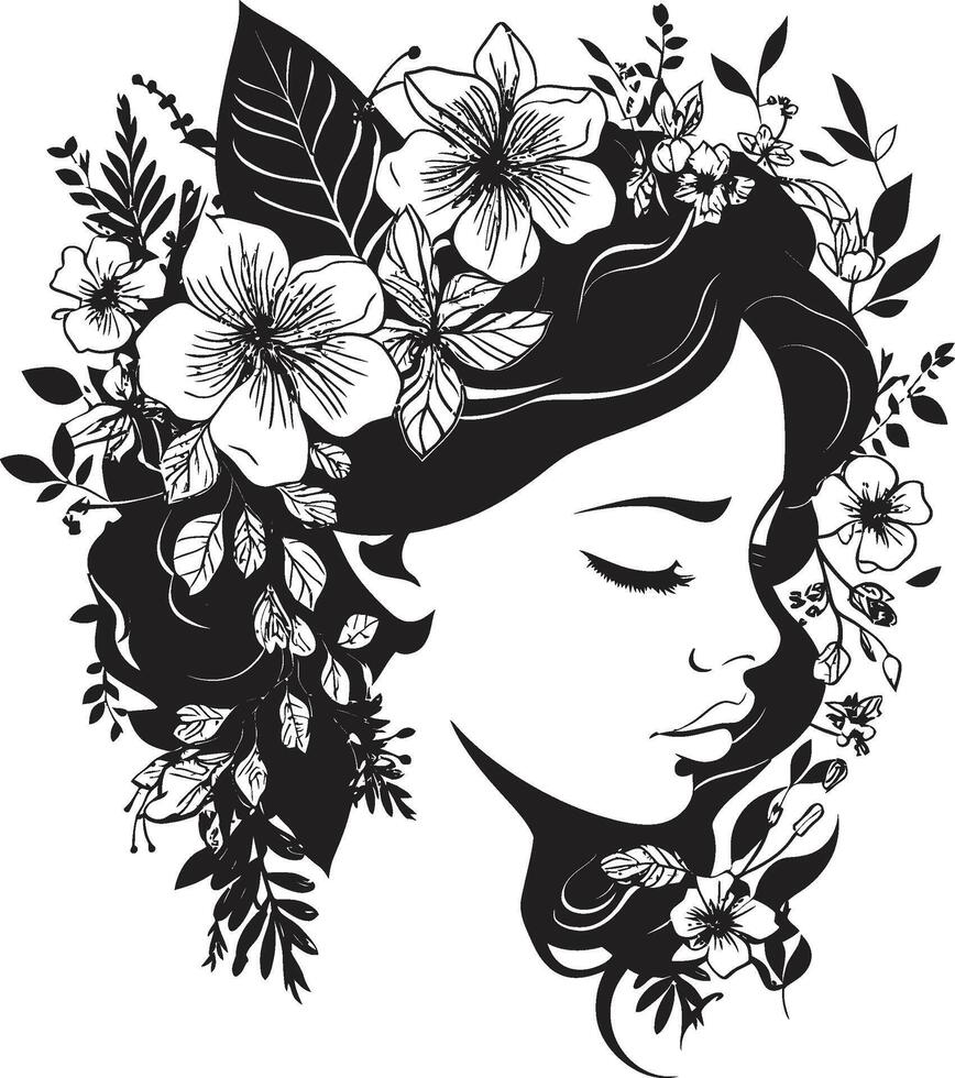 Floral Serenity A Vector Black Logo Embracing Womanhood Eternal Bloom Feminine Essence in Black Floral Woman Face Design