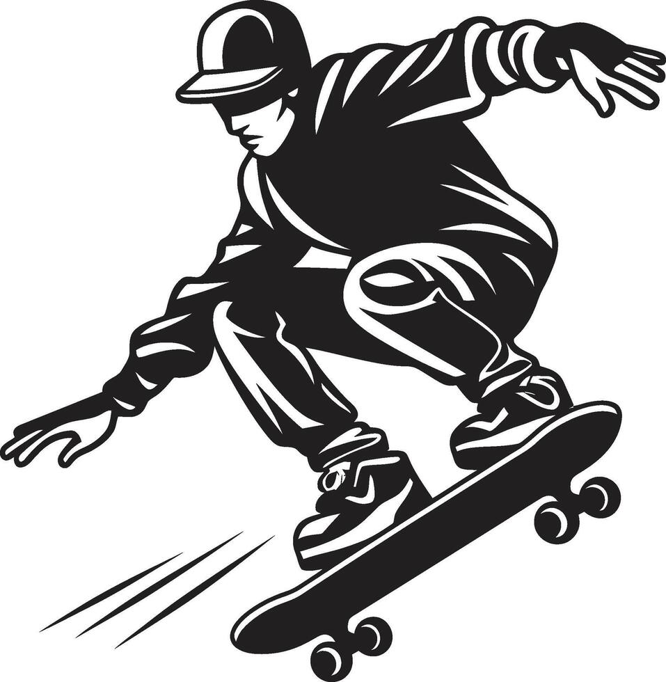 patineta maestro vector negro logo diseño simbolizando un hombre en ruedas radical paseo dinámica icono de un hombre en un patineta en negro logo