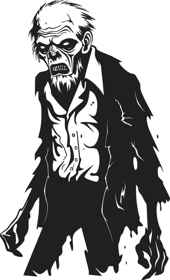 macabro maestro negro símbolo abrazando el aterrador terror de un de miedo antiguo zombi Siniestro corpóreo icónico negro logo diseño expresando el horror de un mayor zombi vector