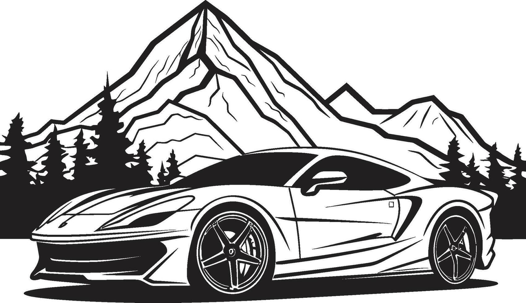 Highland Harmony Iconic Black Symbol Depicting a Sports Car Gliding through Mountain Roads Summit Surge Vector Logo Design with a Sports Car Icon Conquering Black Mountainous Paths