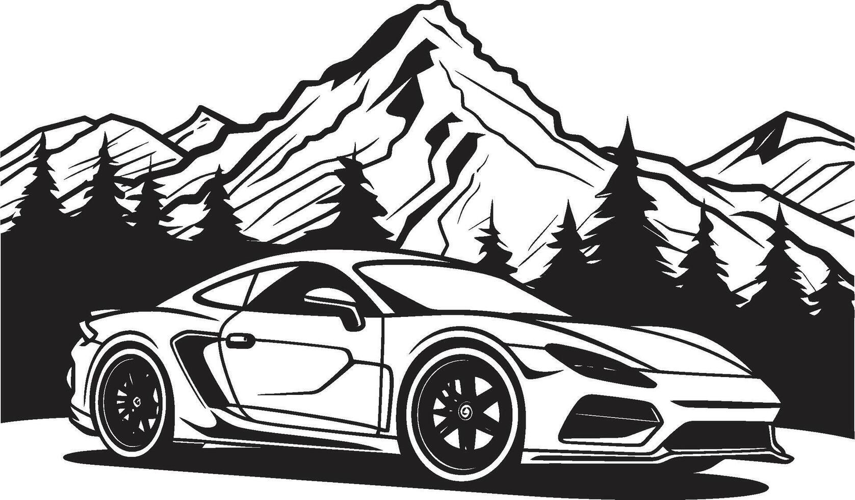 Altitude Acceleration Dynamic Black Symbol with a Sports Car on Mountain Roads Mountain Maverick Iconic Vector Sports Car on the Black Logo Design