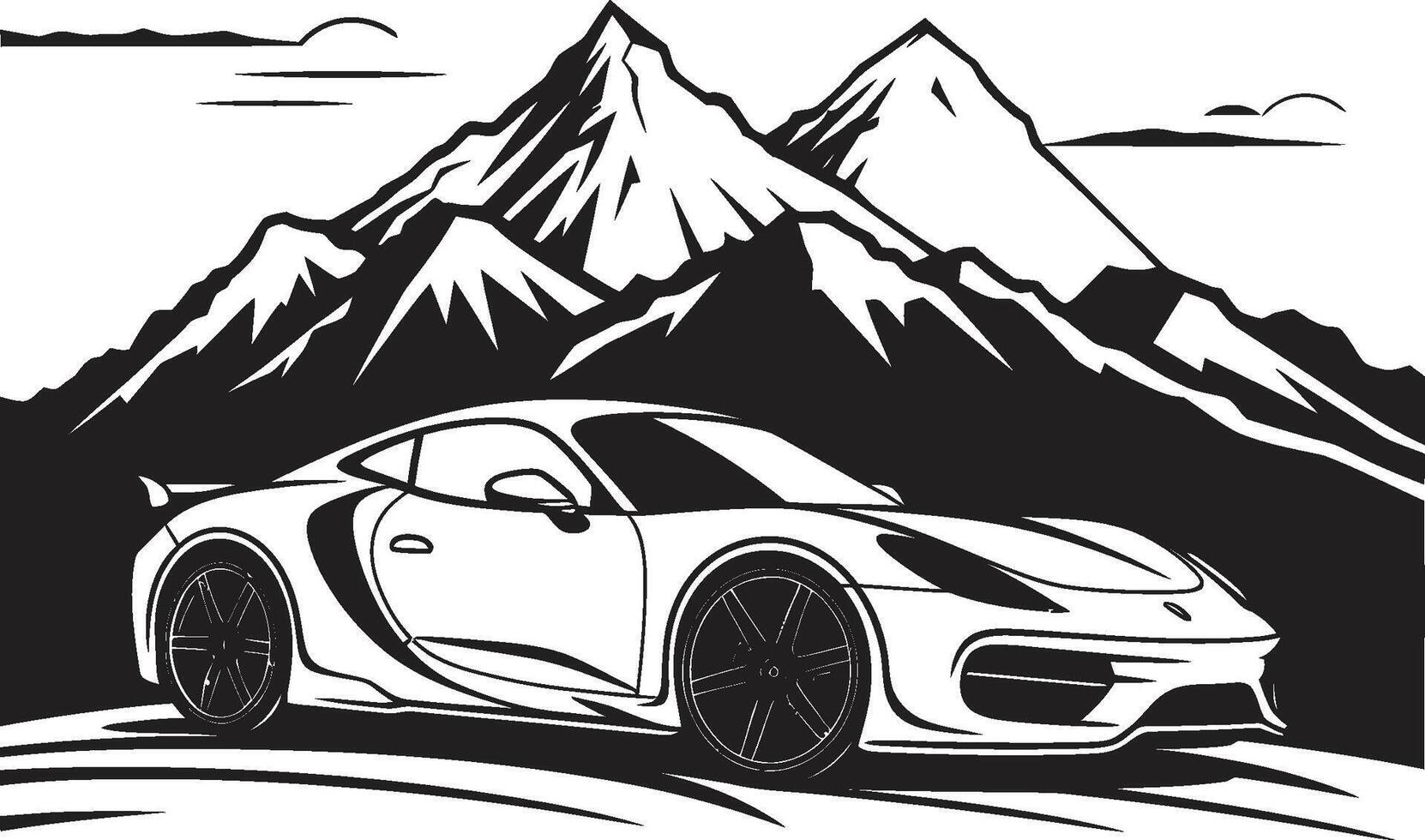 Pinnacle Prowess Sleek Vector Icon of a Sports Car Excelling on Black Mountain Roads Epic Elevation Dynamic Black Logo Design with a Vector Symbol of a Sports Car on Mountain Routes