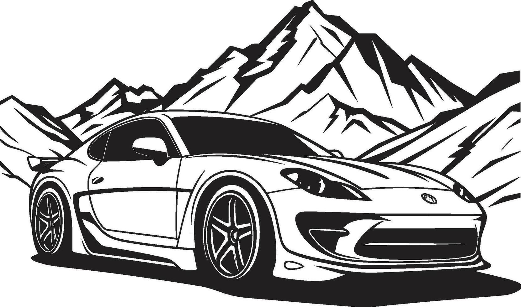 Elevated Velocity Dynamic Black Logo Design with a Mountainous Sports Car Icon Alpine Apex Iconic Vector Symbol of a Sports Car Navigating Mountain Roads in Black