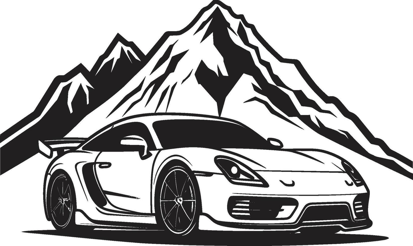 Elevated Velocity Dynamic Black Logo Design with a Mountainous Sports Car Icon Alpine Apex Iconic Vector Symbol of a Sports Car Navigating Mountain Roads in Black