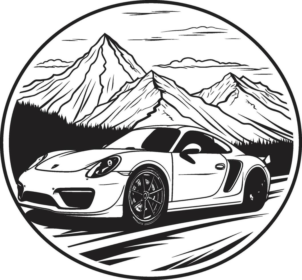 cresta retumbar pulcro negro logo con icónico Deportes coche conquistador el montaña cumbre superdeportivo vector icono simbolizando un negro logo diseño en montaña carreteras