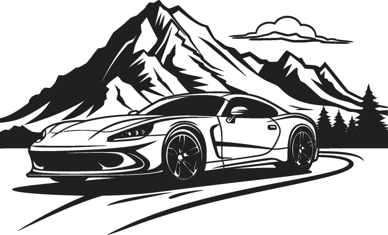 tierras altas horizonte icónico vector símbolo de un Deportes coche conquistador negro montaña carreteras cumbre sincronía negro logo diseño con un Deportes coche icono en armonía con montaña caminos