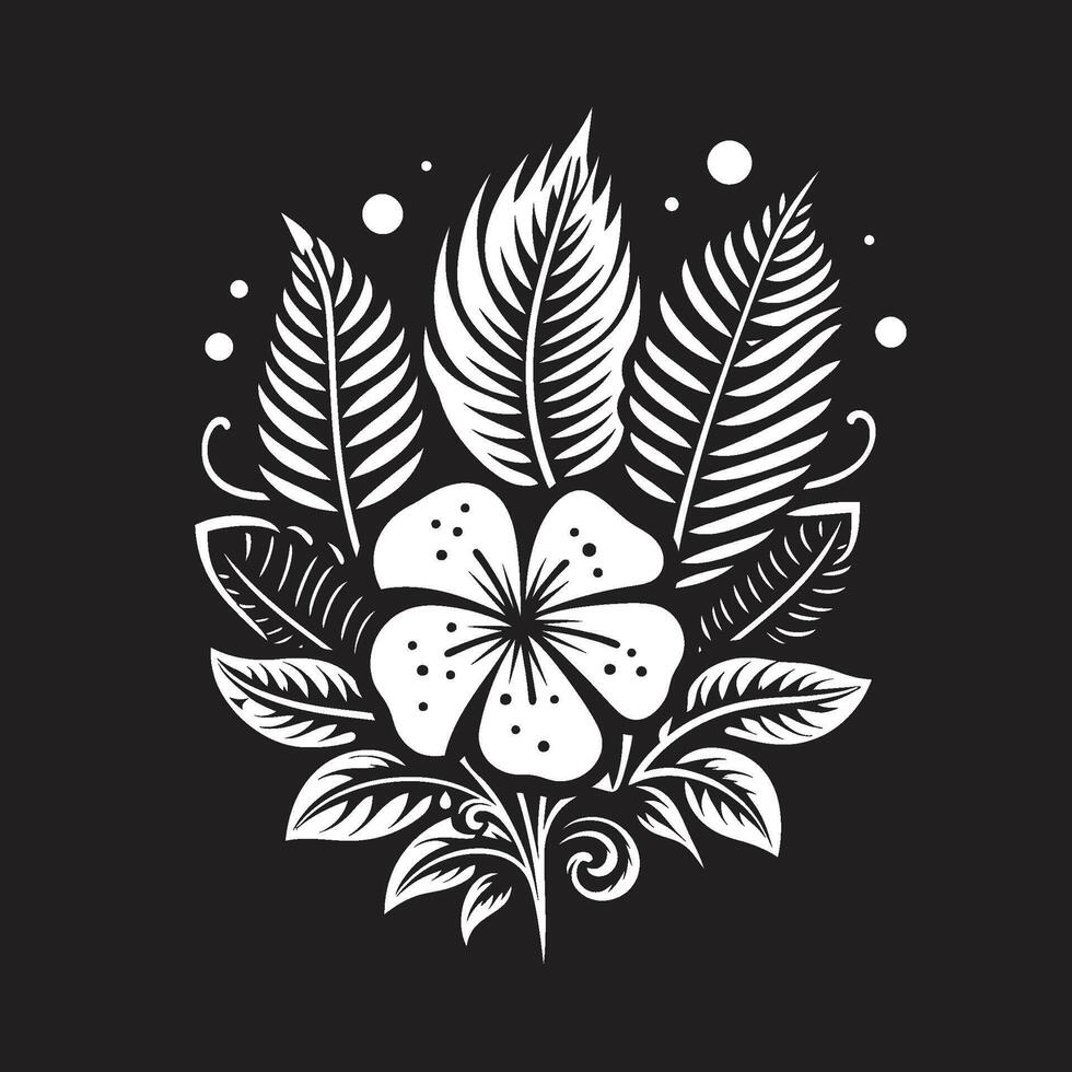 Paradise Petals Sleek Vector Icon of Tropical Plant Leaves and Flowers in Black Exotic Blooms Black Vector Logo with Tropical Plant Leaves and Flowers