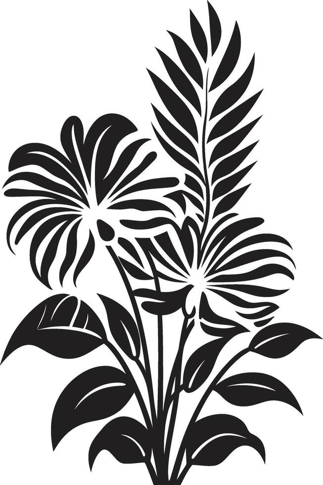 Island Elegance Dynamic Black Logo with Tropical Plant Elements Floral Opulence Iconic Symbol in Black featuring Exotic Plant Leaves vector