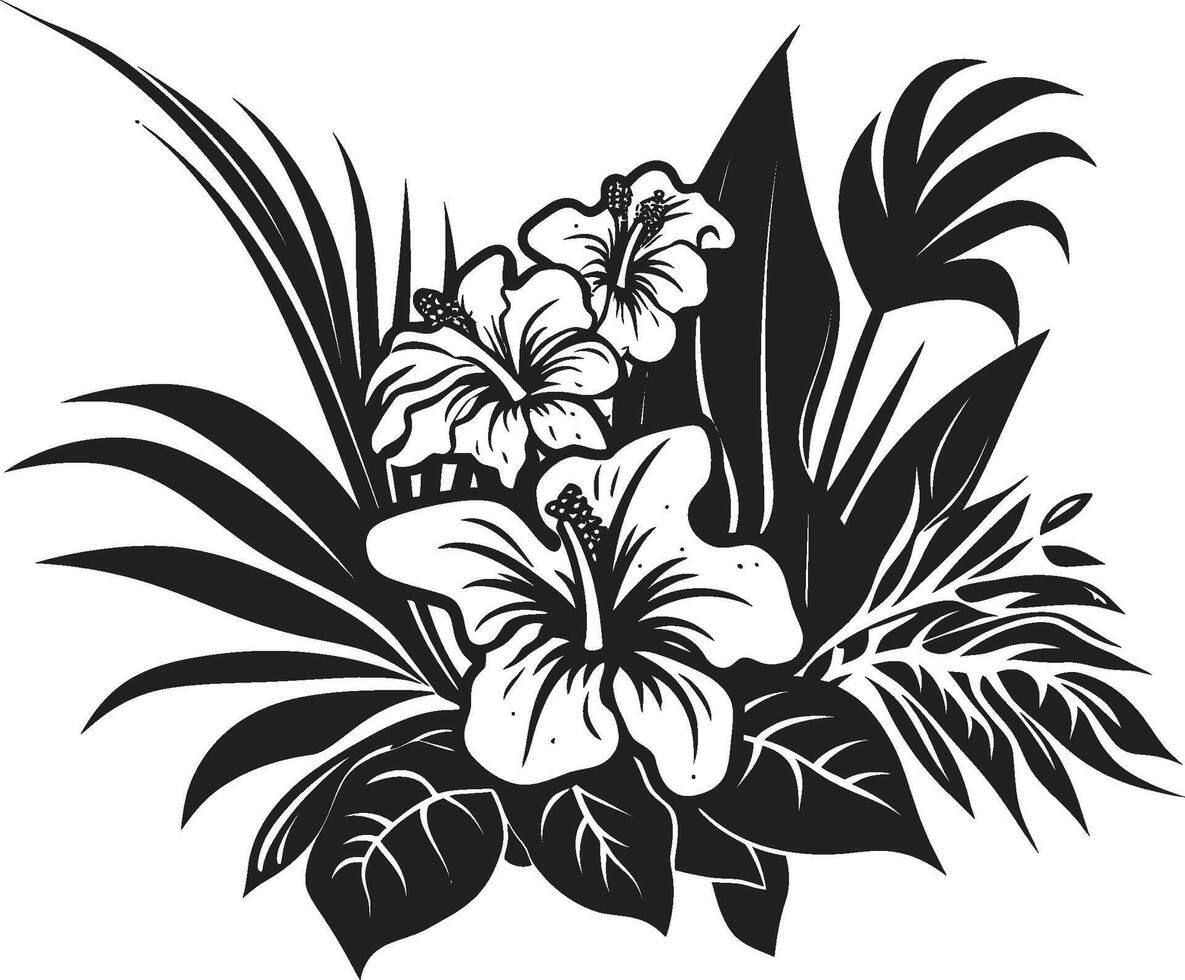 exótico floraciones negro vector logo con tropical planta hojas y flores trópico elegante pulcro icono simbolizando planta hojas y flores en negro diseño