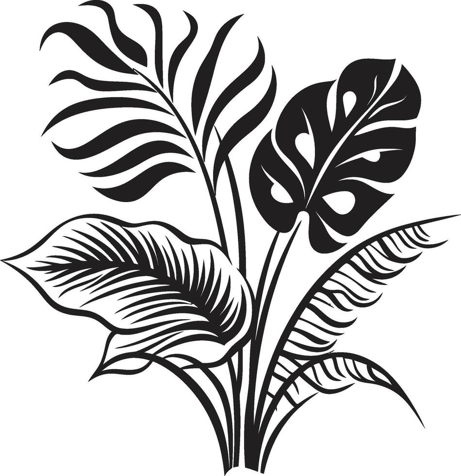 paraíso pétalos pulcro vector icono de tropical planta hojas y flores en negro exótico follaje vector negro logo diseño con tropical planta hojas y flores