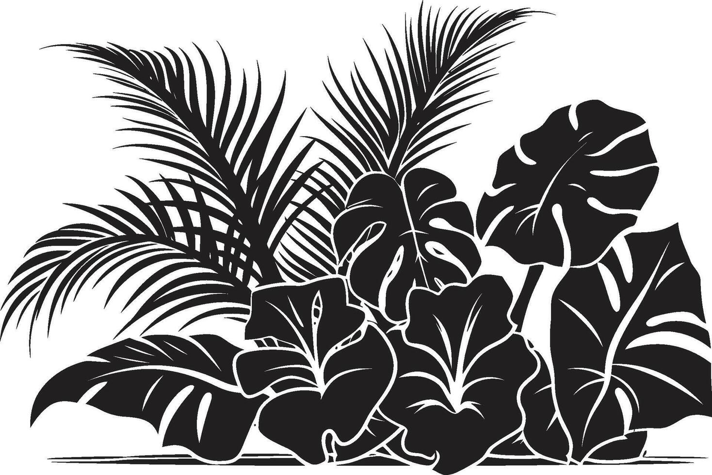 Tropical Allure Iconic Symbol in Black with Plant Leaves and Flower Vectors Island Oasis Dynamic Black Logo Design with Tropical Plant Leaves and Flowers