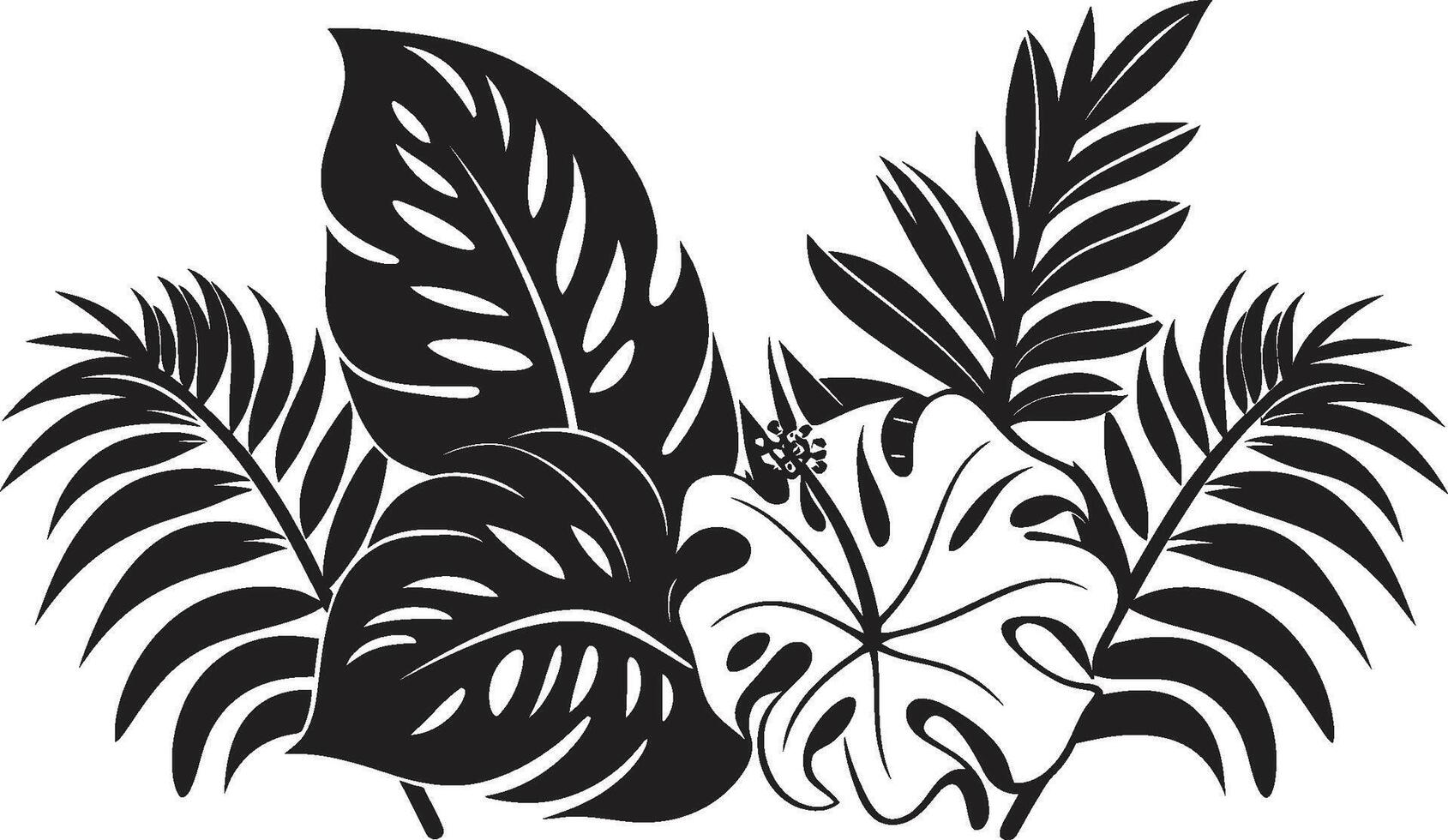 Exotic Foliage Vector Black Logo Design with Tropical Plant Leaves and Flowers Tropic Elegance Iconic Symbol in Black Featuring Plant Leaves and Flower Vectors
