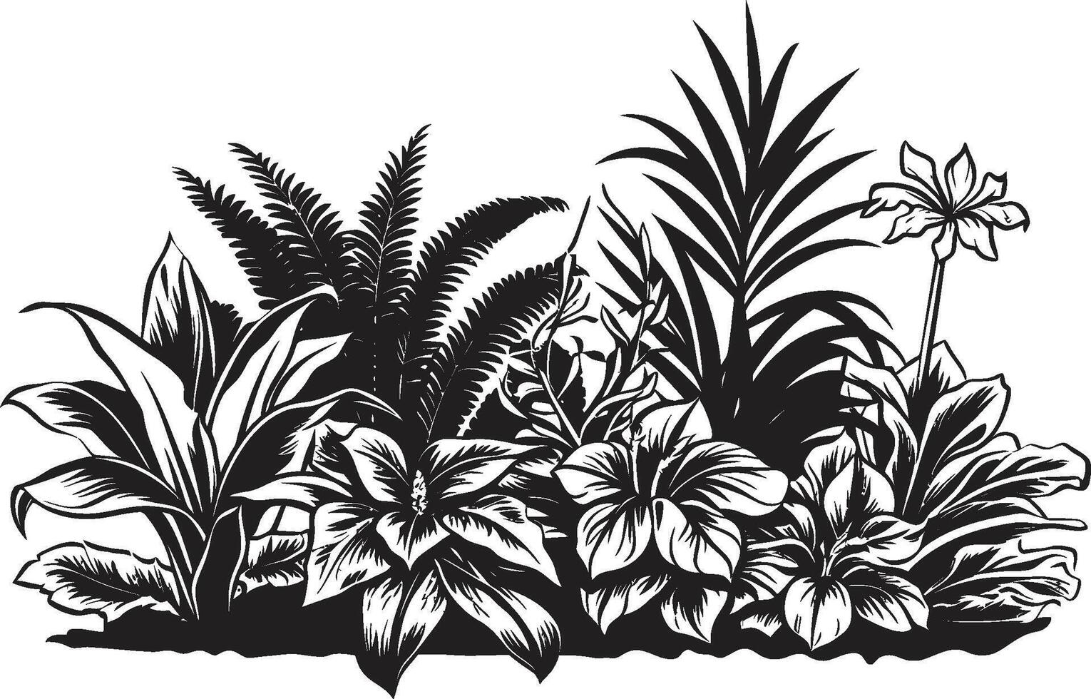 Lush Tropics Vector Symbol of Plant Leaves and Flowers in Black Logo Botanical Bliss Sleek Black Icon Design with Tropical Plant Leaves and Flowers