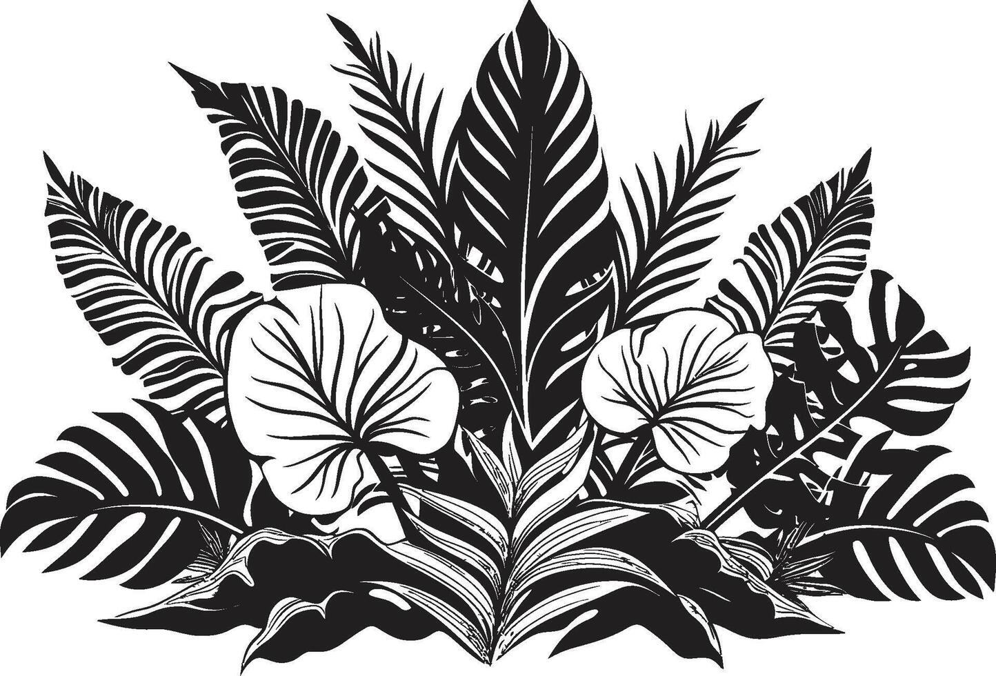 Island Oasis Dynamic Black Logo Design with Tropical Plant Leaves and Flowers Paradise Petals Sleek Vector Icon of Tropical Plant Leaves and Flowers in Black