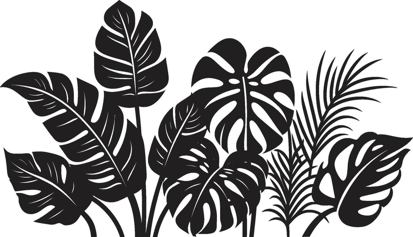 Botanical Bliss Sleek Black Icon Design with Tropical Plant Leaves and Flowers Jungle Harmony Vector Black Logo Featuring Exotic Plant Leaves and Flowers