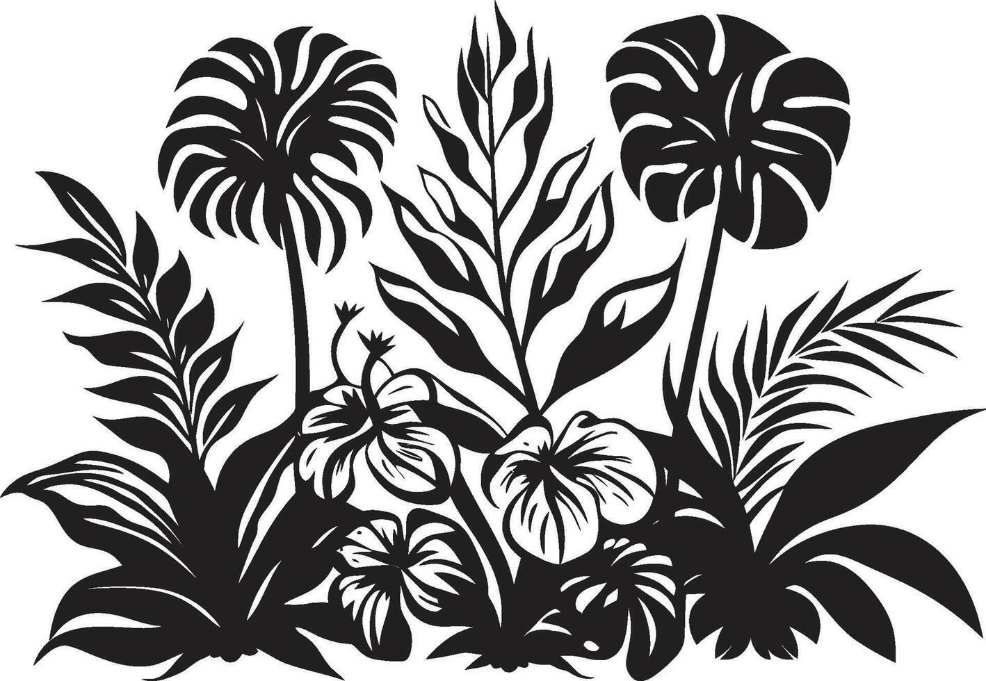 exótico follaje vector negro logo diseño con tropical planta hojas y flores trópico elegancia icónico símbolo en negro presentando planta hojas y flor vectores