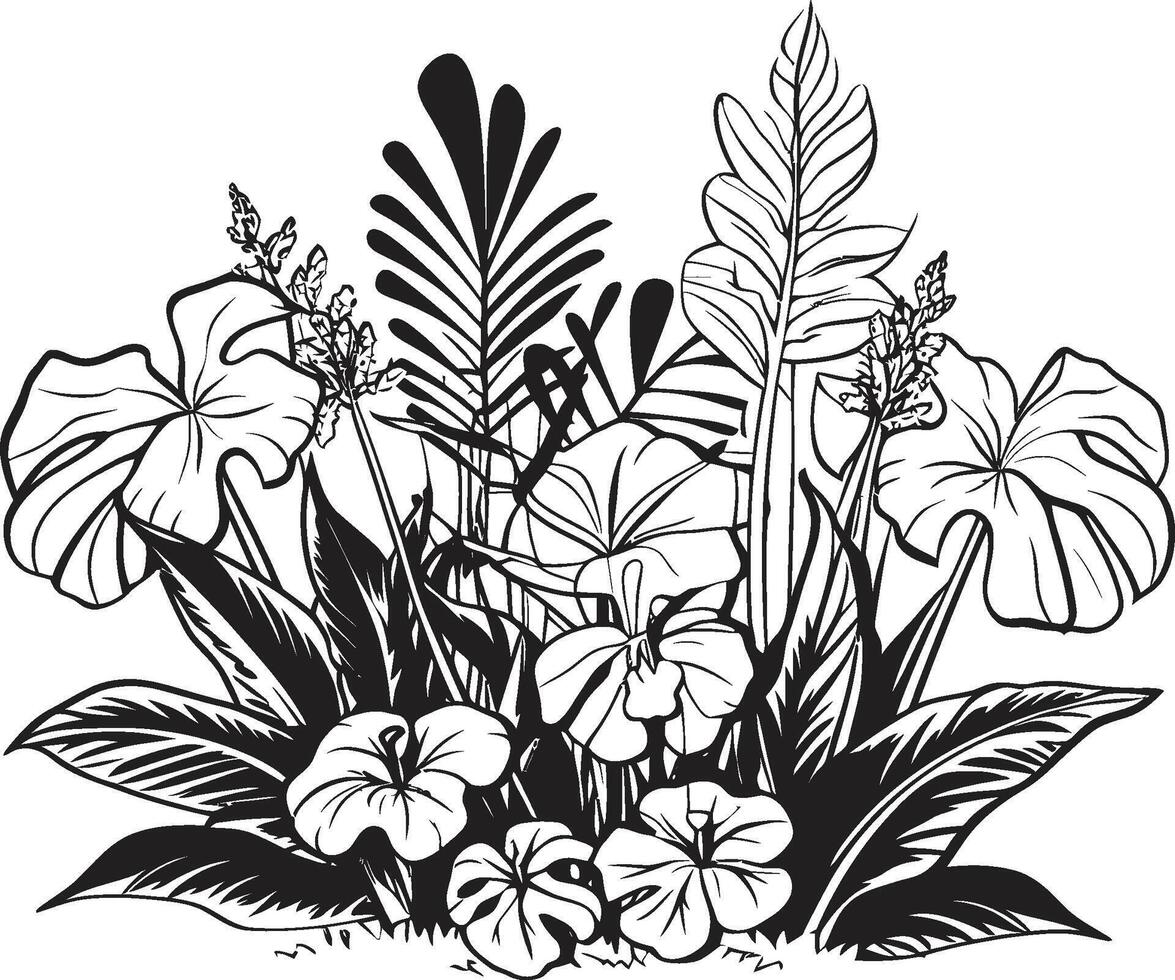 isla oasis dinámica negro logo diseño con tropical planta hojas y flores paraíso pétalos pulcro vector icono de tropical planta hojas y flores en negro