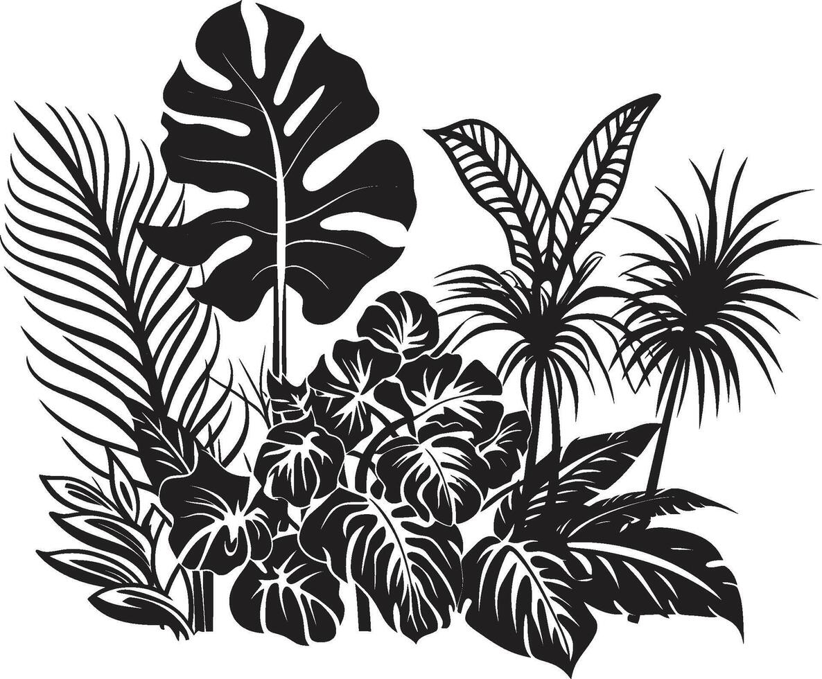 Tropic Elegance Iconic Symbol in Black Featuring Plant Leaves and Flower Vectors Island Bloom Sleek Vector Icon Symbolizing Tropical Plant Leaves and Flowers in Black