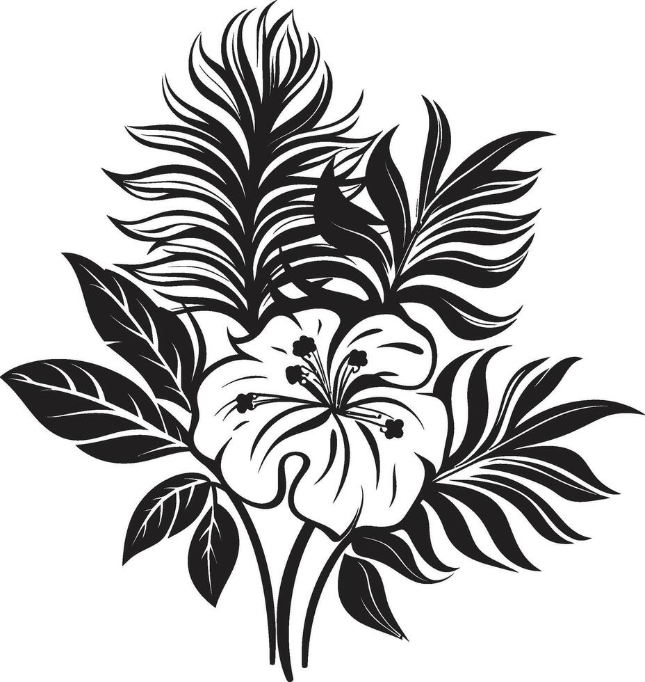 Island Bloom Sleek Vector Icon Symbolizing Tropical Plant Leaves and Flowers in Black Floral Paradise Dynamic Black Logo Design with Exquisite Tropical Plant Elements