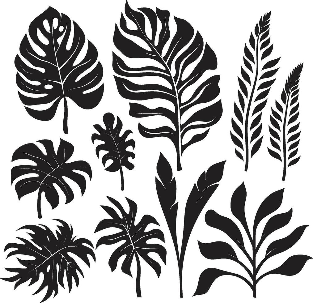 Lush Tropics Vector Symbol of Plant Leaves and Flowers in Black Logo Botanical Bliss Sleek Black Icon Design with Tropical Plant Leaves and Flowers