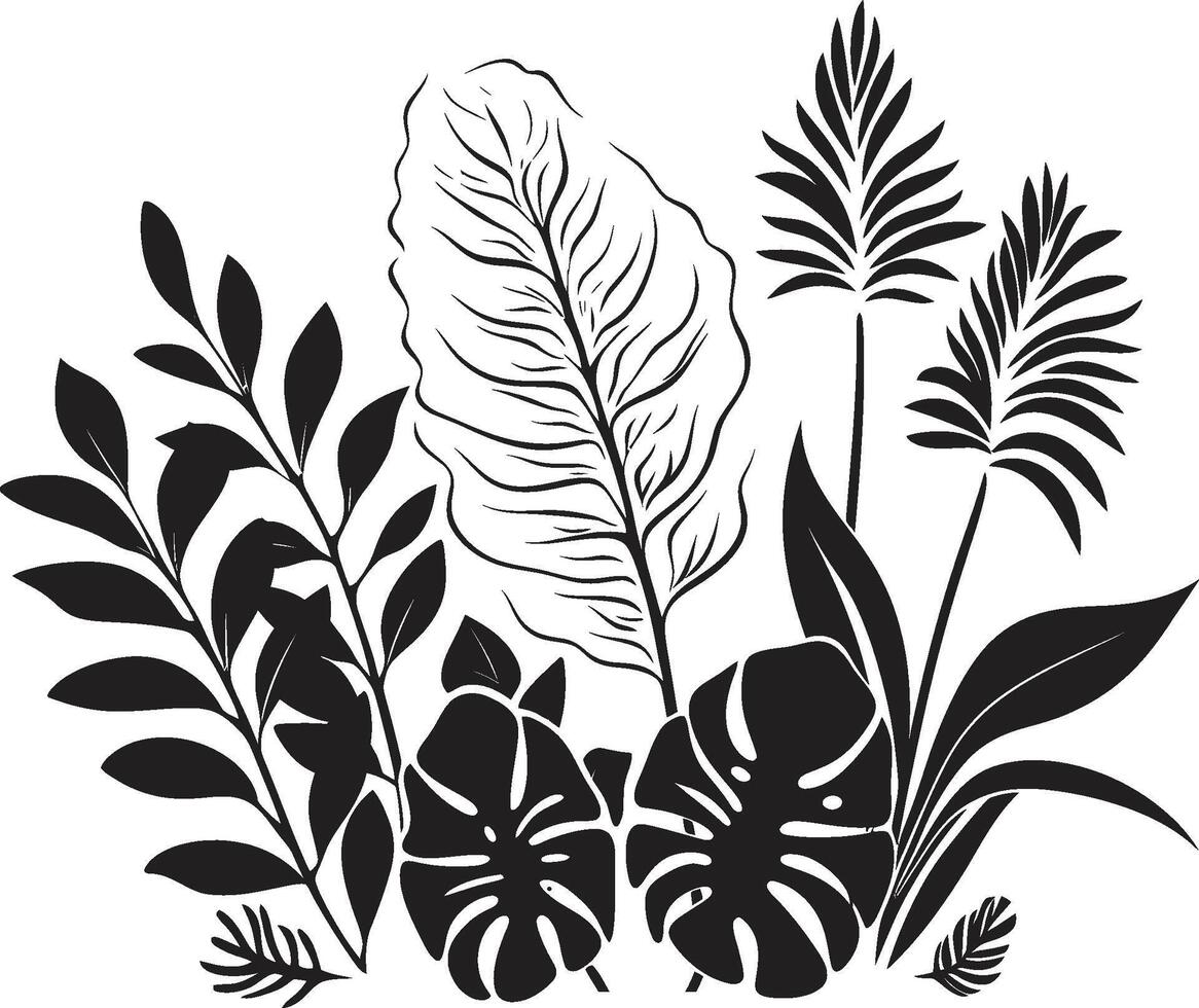 Paradise Petals Sleek Vector Icon of Tropical Plant Leaves and Flowers in Black Exotic Foliage Vector Black Logo Design with Tropical Plant Leaves and Flowers