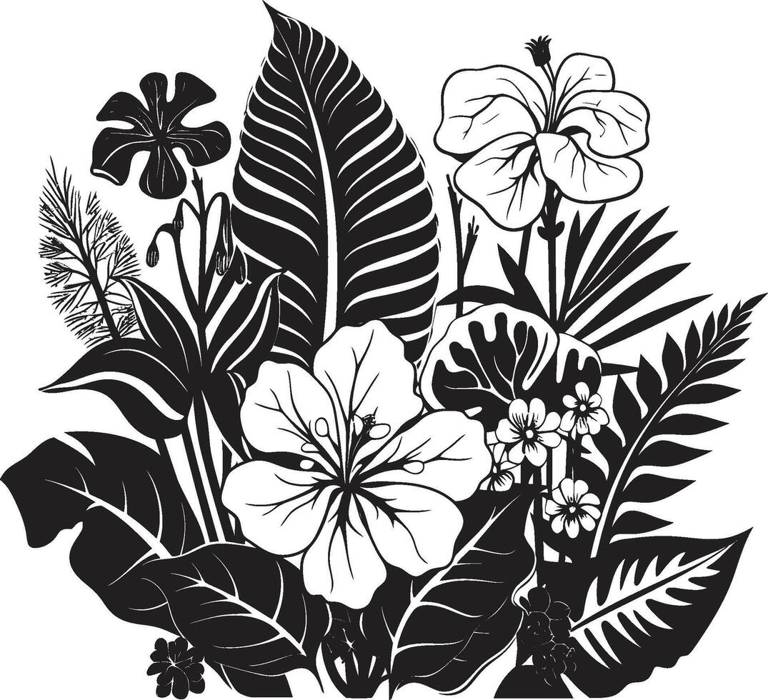 Tropical Allure Iconic Symbol in Black with Plant Leaves and Flower Vectors Island Oasis Dynamic Black Logo Design with Tropical Plant Leaves and Flowers