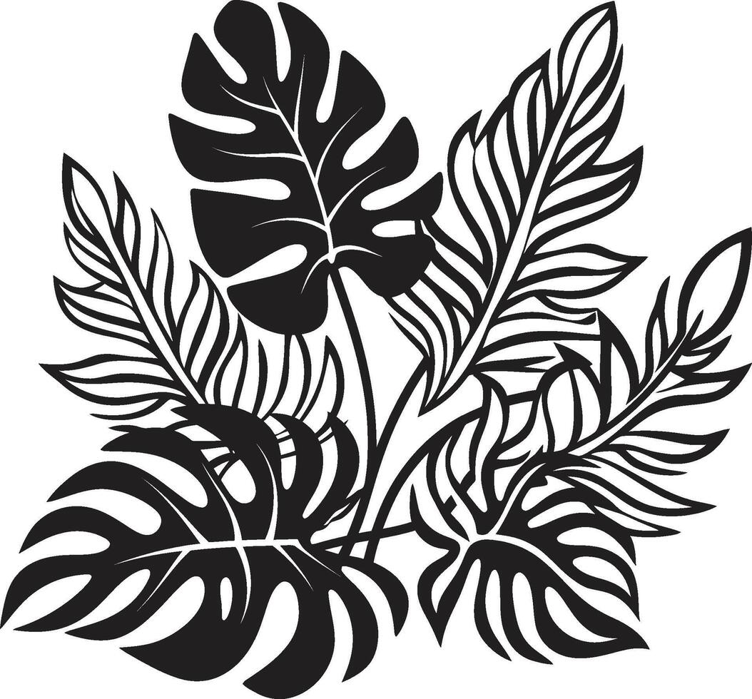 Jungle Harmony Vector Black Logo Featuring Exotic Plant Leaves and Flowers Tropical Allure Iconic Symbol in Black with Plant Leaves and Flower Vectors