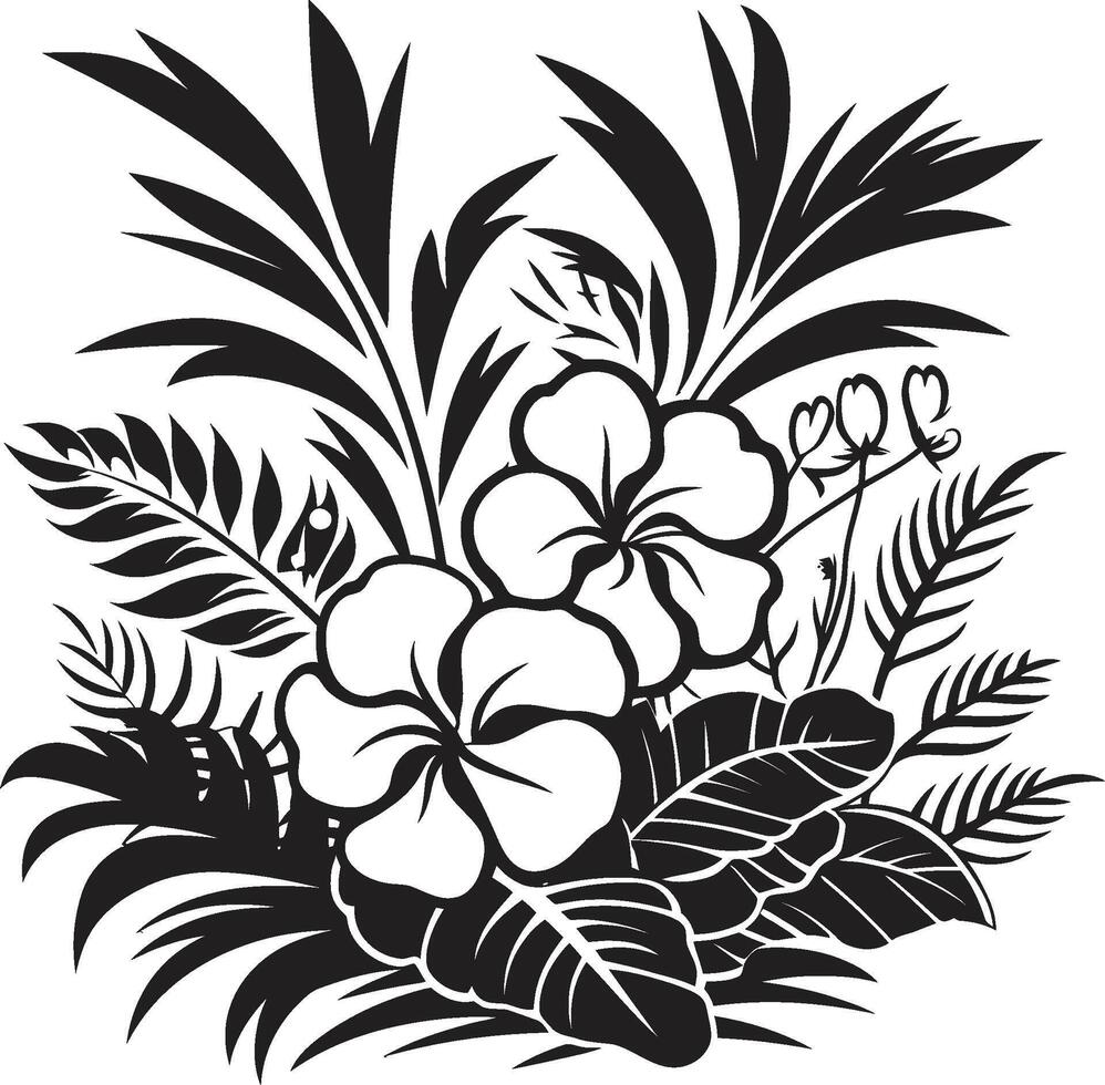 Floral Paradise Dynamic Black Logo Design with Exquisite Tropical Plant Elements Lush Tropics Vector Symbol of Plant Leaves and Flowers in Black Logo