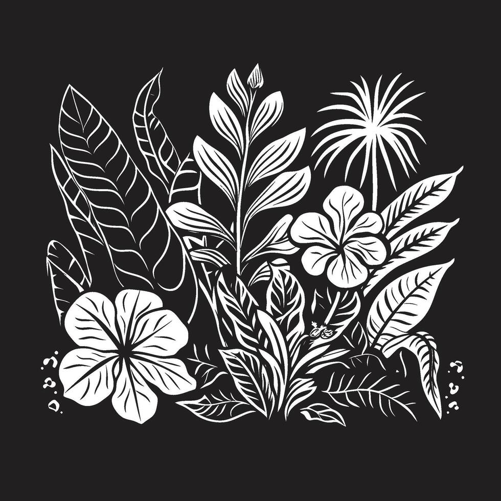 isla oasis dinámica negro logo diseño con tropical planta hojas y flores paraíso pétalos pulcro vector icono de tropical planta hojas y flores en negro