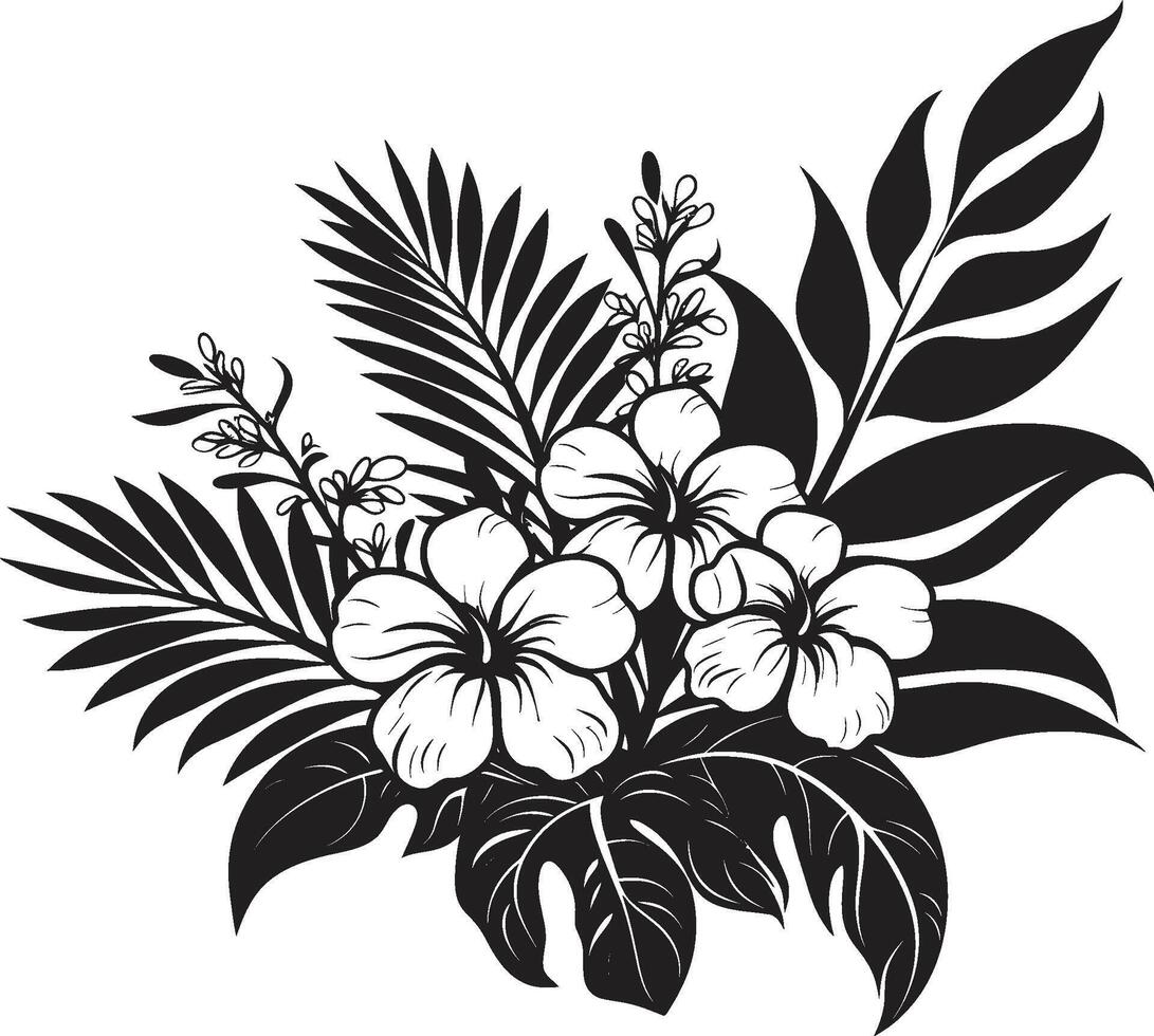 Tropical Allure Iconic Symbol in Black with Plant Leaves and Flower Vectors Island Oasis Dynamic Black Logo Design with Tropical Plant Leaves and Flowers